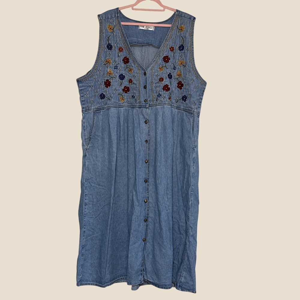 Jane Ashley Vintage 90s Women Floral Embroidered Button Denim Dress No Size Tag
